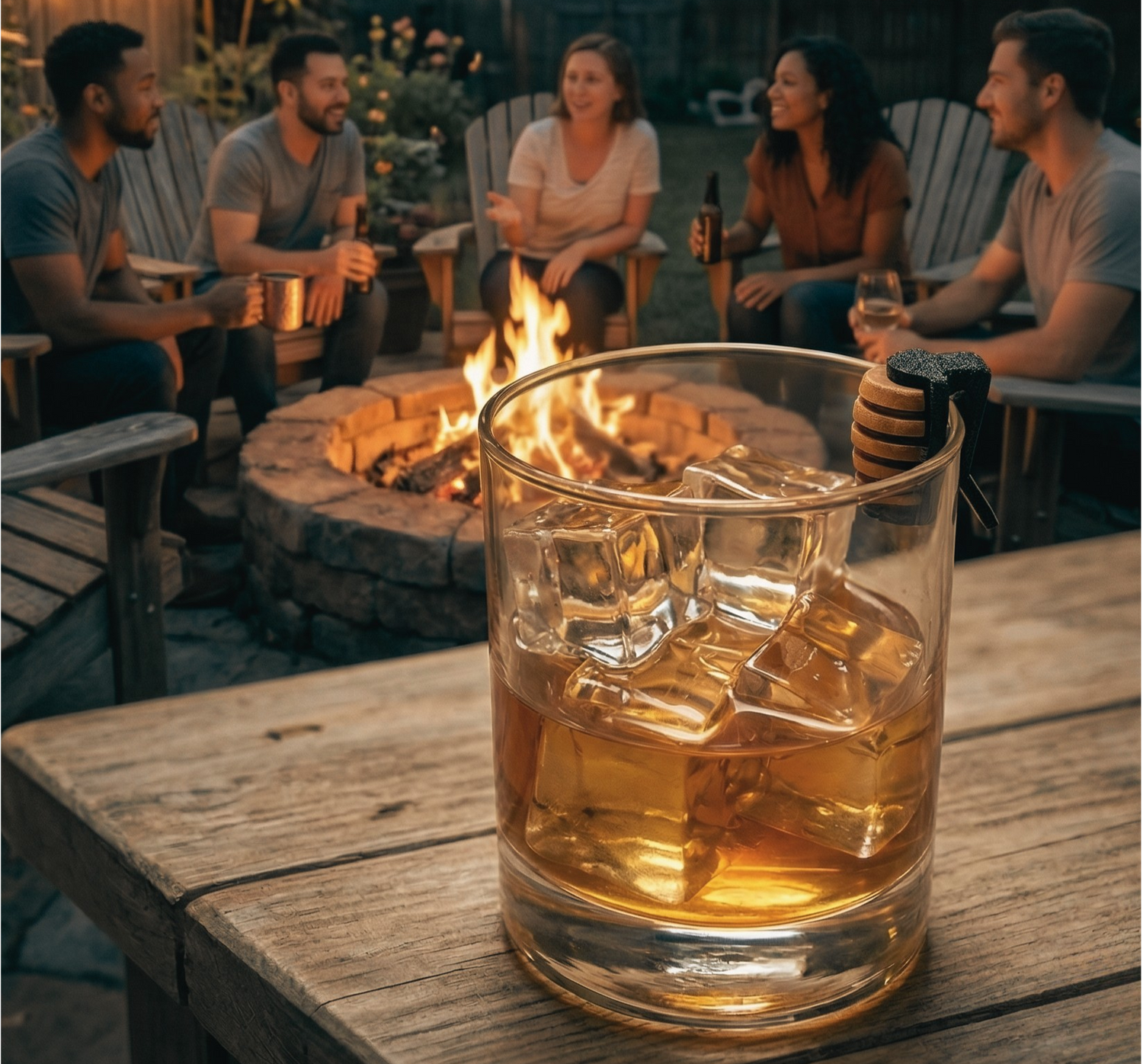 Glass of whiskey with ice on a wooden table in front of a fire pit with people sitting around.